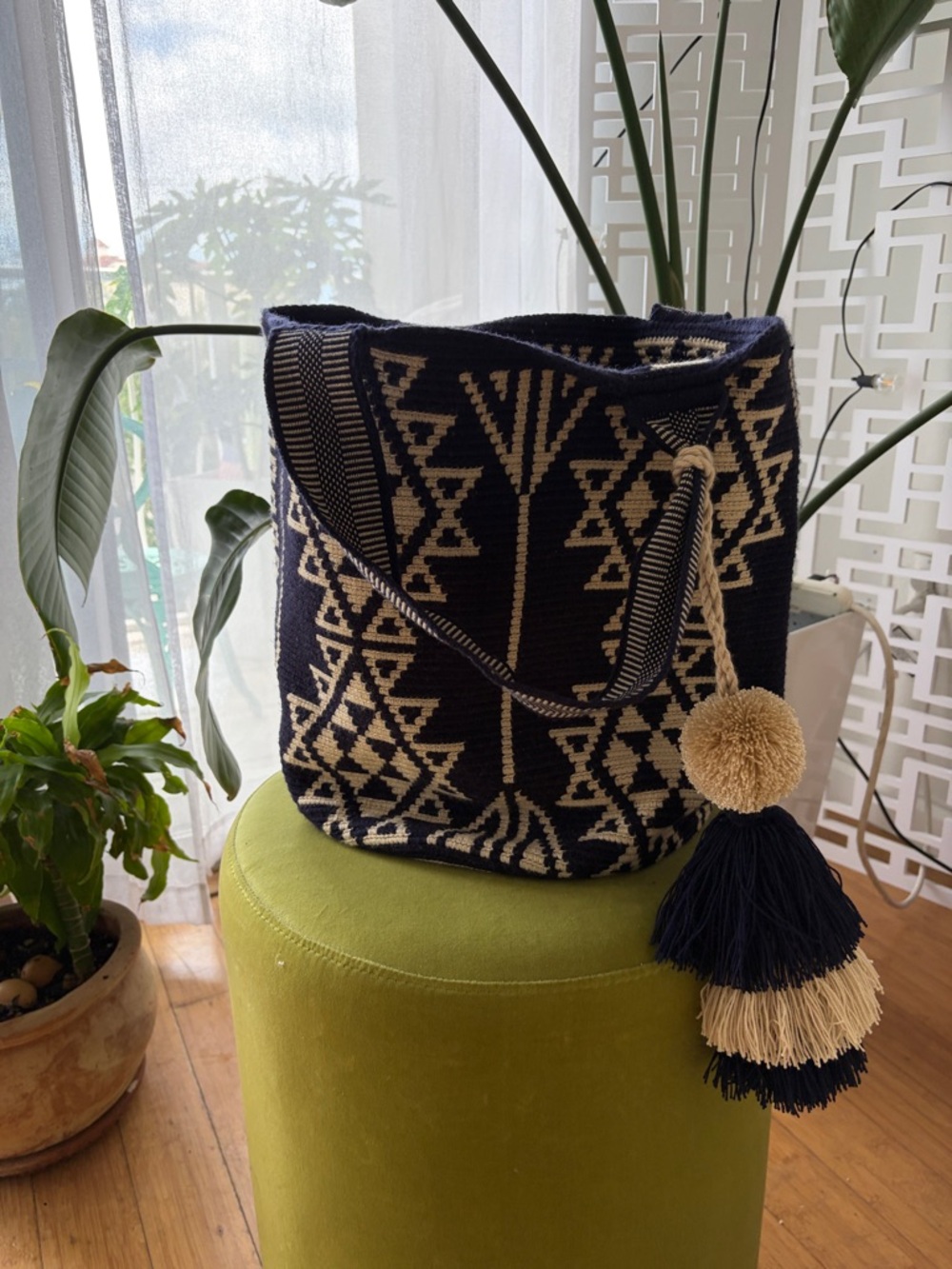 Handwoven Navy and Cream Bucket Bag with Tassel